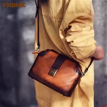 PNDME винтажная женская сумка через плечо из воловьей кожи первого слоя, повседневная дизайнерская женская сумка ручной работы из натуральной кожи через плечо
