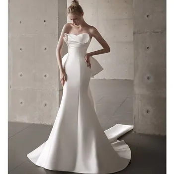 Белое свадебное платье русалки длиной до пола без бретелек, простое, с открытой спиной, тонкое Женское вечернее платье с большим бантом и рюшами.