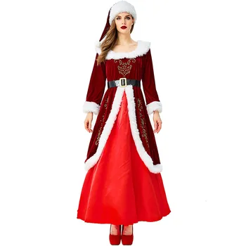 Взрослые женщины Рождество Рождество Санта Клаус Королева Красное платье Шляпа ремень комплект Хэллоуин ролевые игры одеваются Косплей костюм