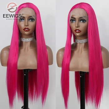 Темно-розовые синтетические прямые волосы длиной 30 дюймов, 13 × 4, Прозрачные кружевные волосы, предварительно выщипанные спереди, женские парики для косплея трансвестита