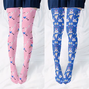 Розовые женские чулки с высококачественной 3D-печатью, модные длинные чулки с цветами, клубникой и вишней, Харакуку, милые забавные носки для телят JK.
