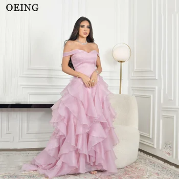 OEING, детские розовые платья для выпускного вечера трапециевидной формы с открытыми плечами и оборками, вечернее платье длиной до пола, простое свадебное платье для вечеринки, Vestidos