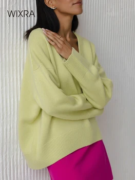 Женский базовый свитер Wixra с V-образным вырезом, теплые Толстые Свободные пуловеры, Стильный джемпер, Модные повседневные топы 2022, Осень-Зима