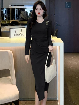 Осенне-зимнее Черное трикотажное платье Миди с длинным рукавом, женская мода, Шикарная повязка с бантом, Vestidos 2023, Корейское Длинное цельнокроеное платье, платье