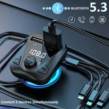 Модулятор FM-передатчика, автомобильный беспроводной Bluetooth 5.3, автомобильный MP3-плеер с двумя USB, приемник громкой связи с кабелем быстрой зарядки 3 в 1