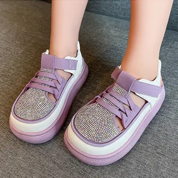 Кроссовки для девочек, Летняя Новая Корейская повседневная обувь для мальчиков с вырезами, Модная Детская обувь Со стразами, Детские дышащие сандалии на платформе