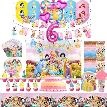 Украшение вечеринки для девочек Disney Princess, Воздушные шары, Набор одноразовой посуды, баннер, бумажные стаканчики, тарелки, принадлежности для вечеринки по случаю Дня рождения