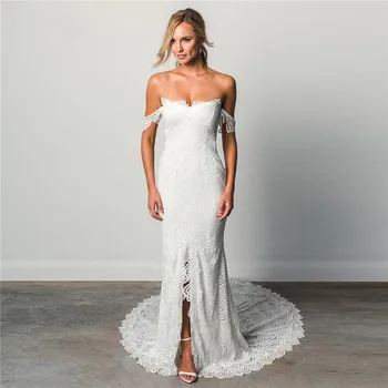 13318 # Элегантное богемное свадебное платье с короткими рукавами и открытыми плечами, кружевное свадебное платье без бретелек с высоким разрезом, свадебное платье для новобрачных
