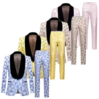 Осенью 2022 года Новый мужской костюм с принтом, 2 предмета, синий / розовый, модное Мужское платье для выступлений на сцене KTV, мужской пиджак и брюки