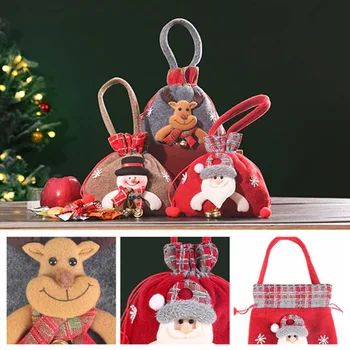 Рождественская льняная подарочная упаковка, мешочек для печенья и конфет с принтом лося Санта-Клауса на шнурке, сумка для хранения подарков на Рождественскую новогоднюю вечеринку