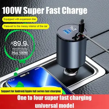 100 Вт 4 В 1 Выдвижное автомобильное зарядное устройство USB Type C Кабель для iPhone Samsung Шнур быстрой зарядки Адаптер прикуривателя