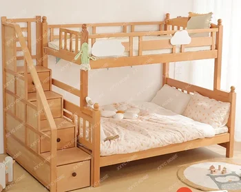 Двухъярусная кровать из бука, Регулируемая по высоте кровать, Двухслойная двухъярусная кровать для матери и ребенка, Детский шкаф для хранения лестниц