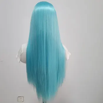 Высококачественные Прямые синтетические парики на кружеве размером 13Х4 см, бесклеевые волосы из термостойких волокон синего цвета с пробором посередине для женских париков
