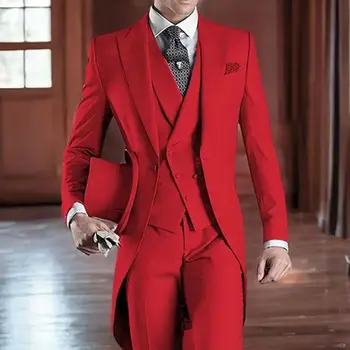 Красные официальные мужские костюмы, комплект из 3 предметов для мужчин, сшитый на заказ, Свадебный костюм жениха, Домашняя одежда, новое поступление