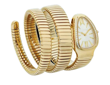 Высококачественный Женский Змеиный Длинный браслет из желтого Золота с бриллиантами, Римский Белый Кварц, Сапфир из нержавеющей стали, женские наручные часы